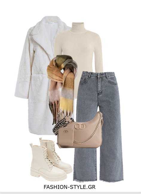 casual χειμωνιάικο Outfit με μπεζ γούνινο παλτό, γκριζ τζιν και μπεζ crossbody τσάντα και ζιβάγκο μπλούζα